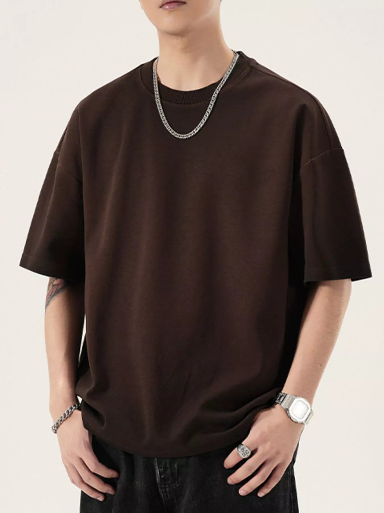 Men's Full Size Oversized Round Neck T-Shirt Plus Size Dark Brown Trendsi