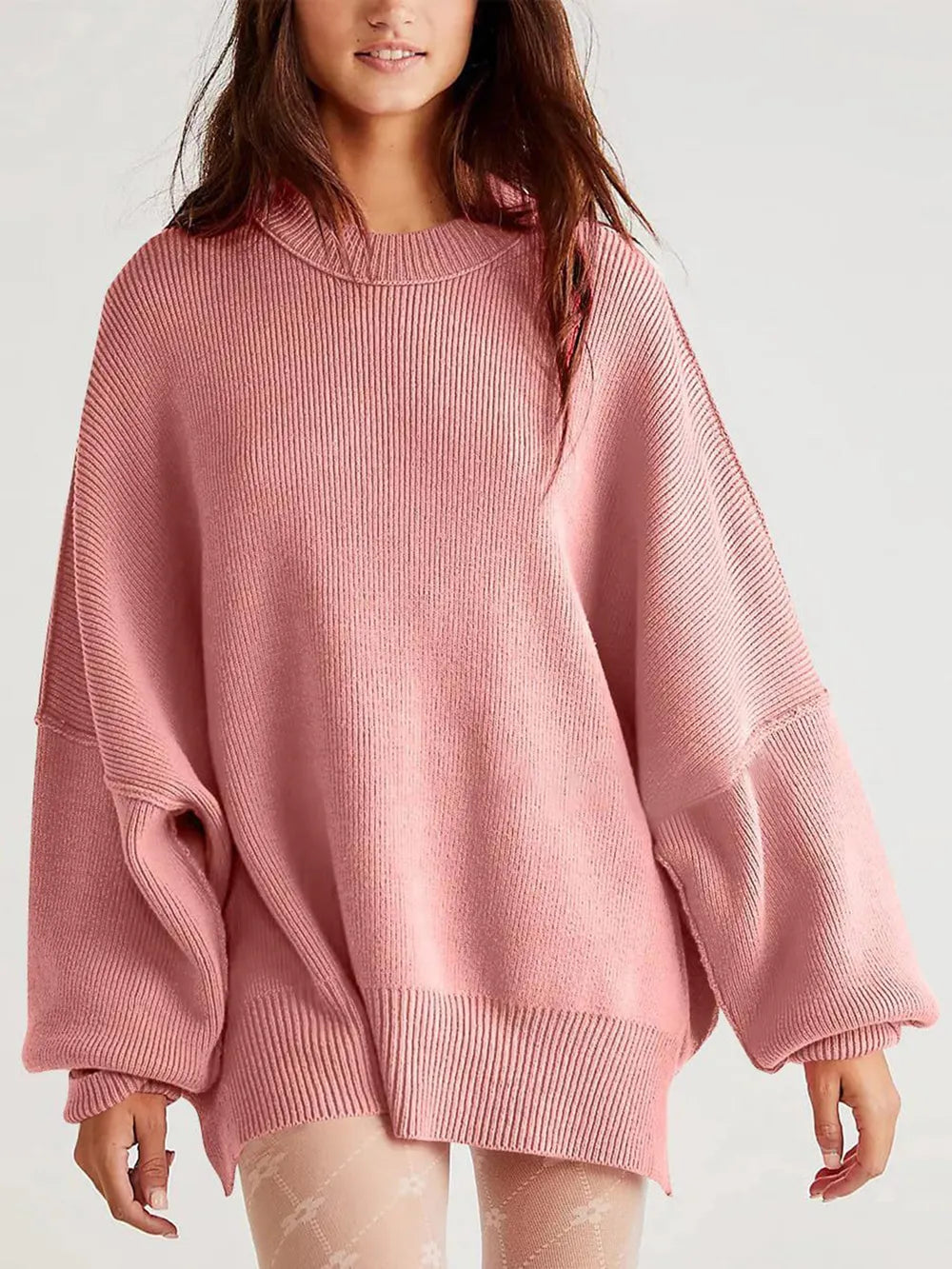 Round Neck Long Sleeve Sweater Dusty Pink OutfitFlow