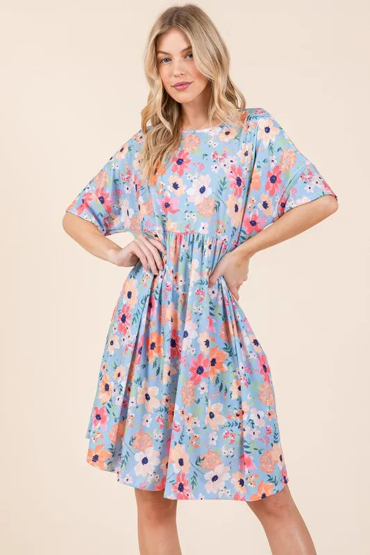 BOMBOM Floral Shirred Dress with Pockets OutfitFlow