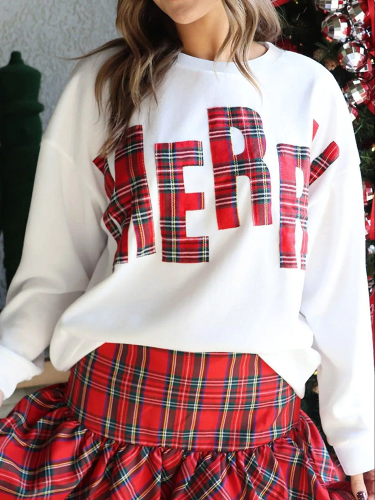Plaid MERRY Christmas Vacation Sweatshirt White OutfitFlow