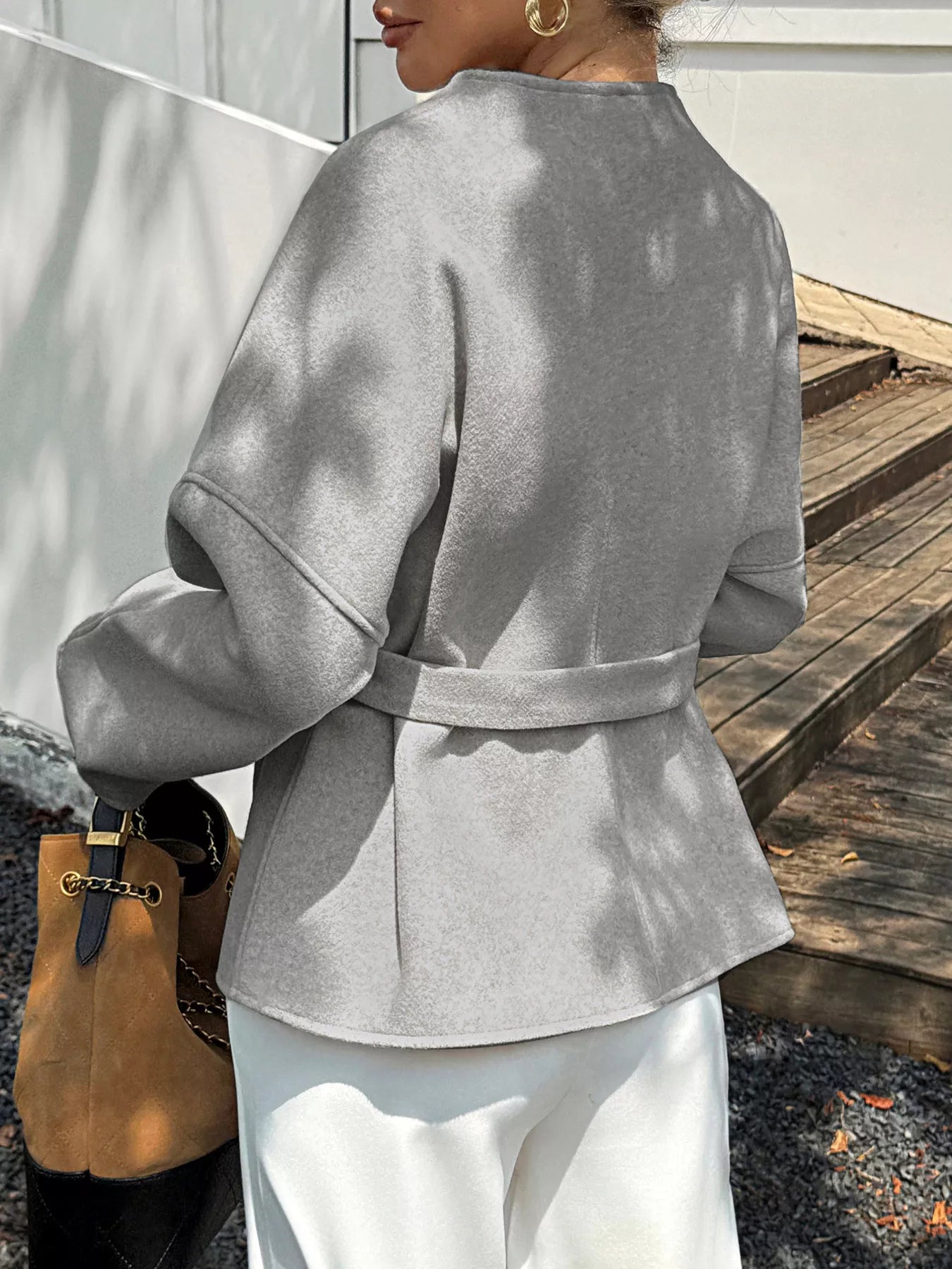 Surplice Dropped Shoulder Tie Belt Outerwear Trendsi