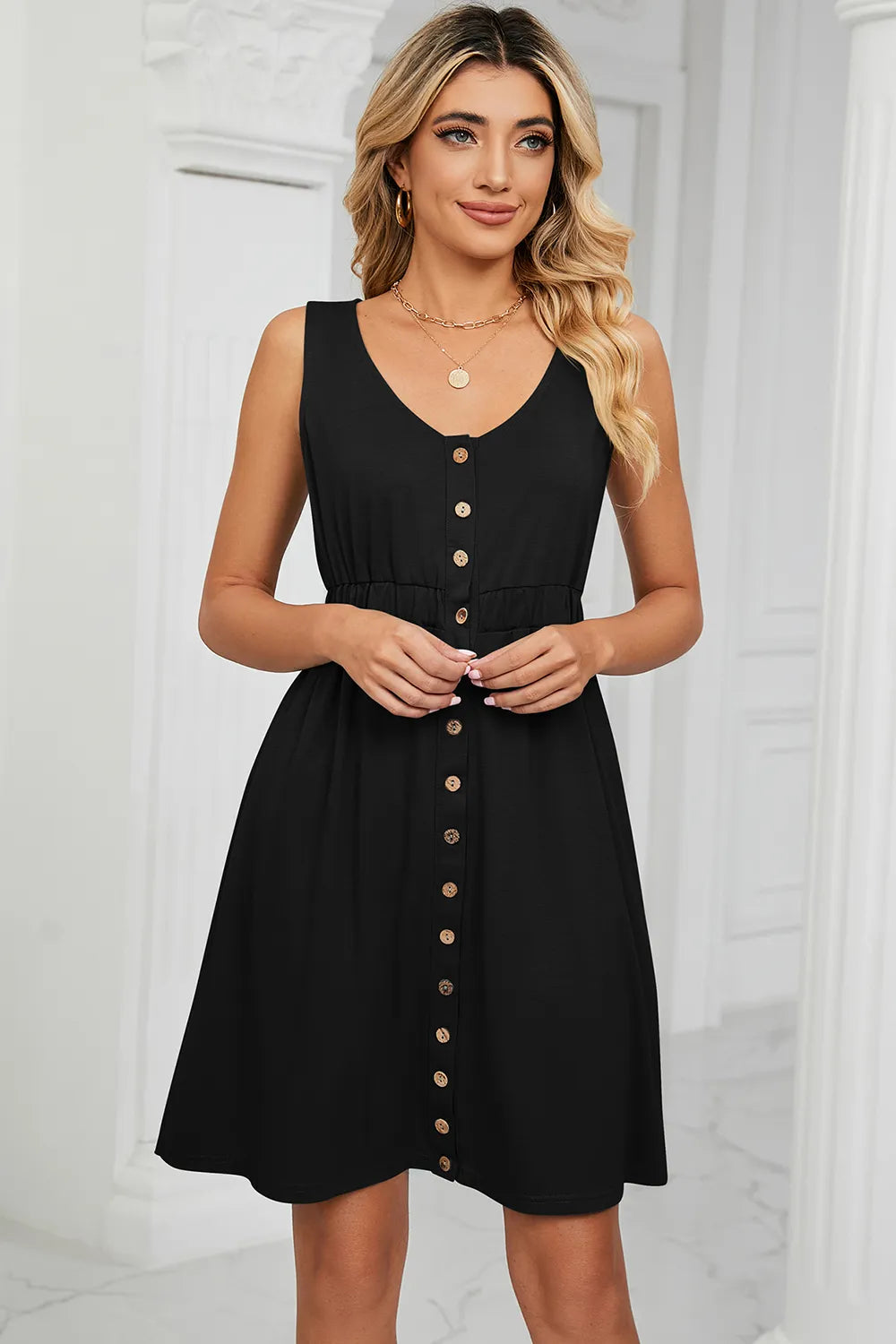 Buttoned Wide Strap Mini Dress Black OutfitFlow