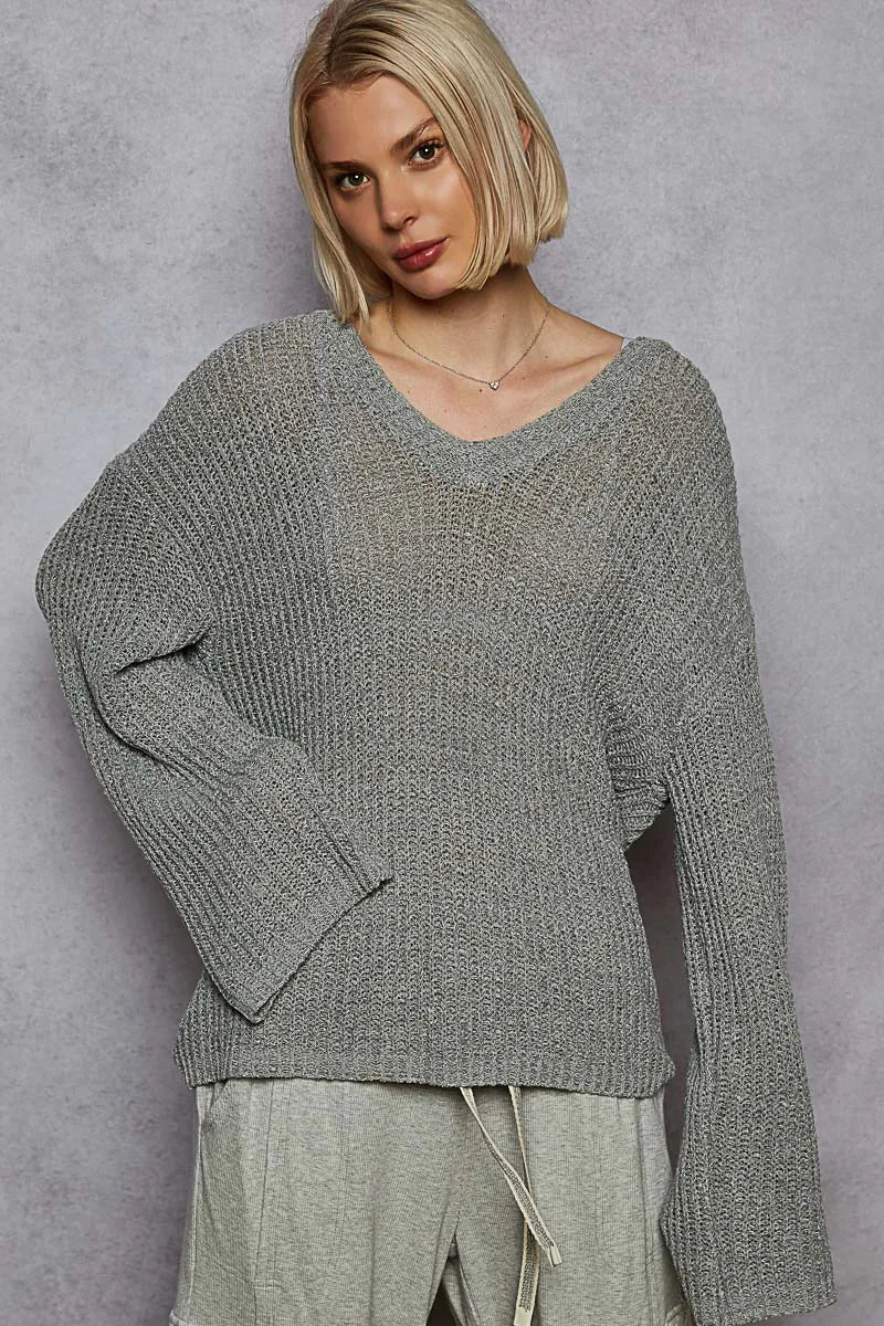 POL Oversized V-Neck Knit Top Dark Gray OutfitFlow