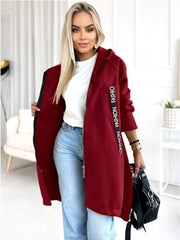 Full Size Zip Up Longline Hooded Outerwear Plus Size Burgundy Trendsi