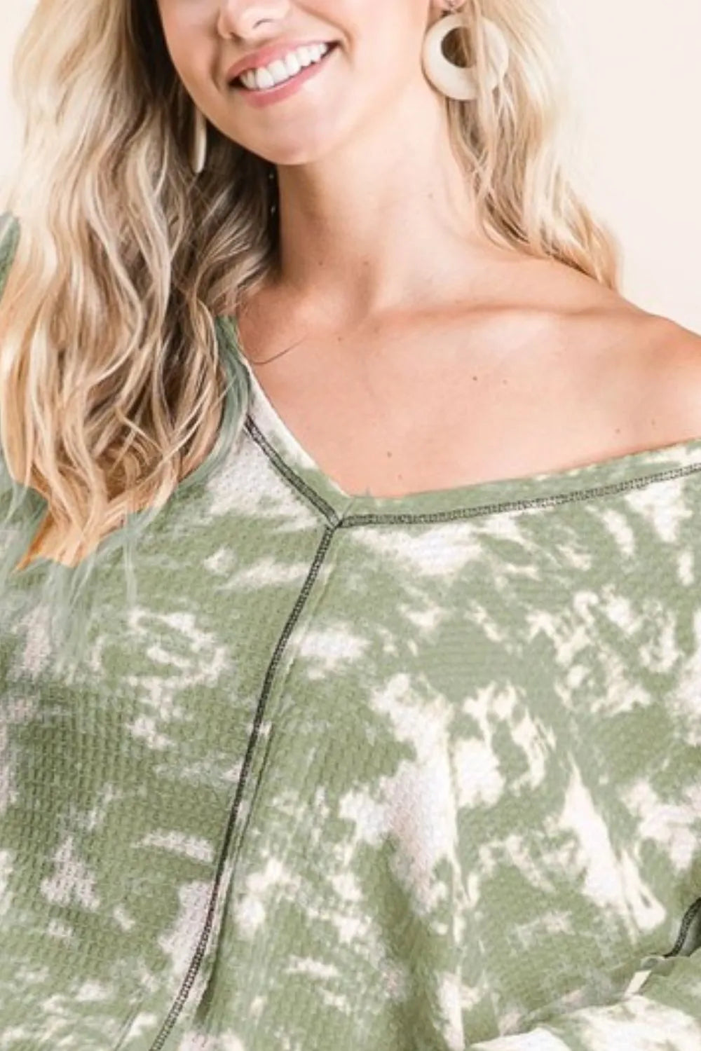 BiBi Tie Dye Print Waffle V Neck Top with Contrast OutfitFlow