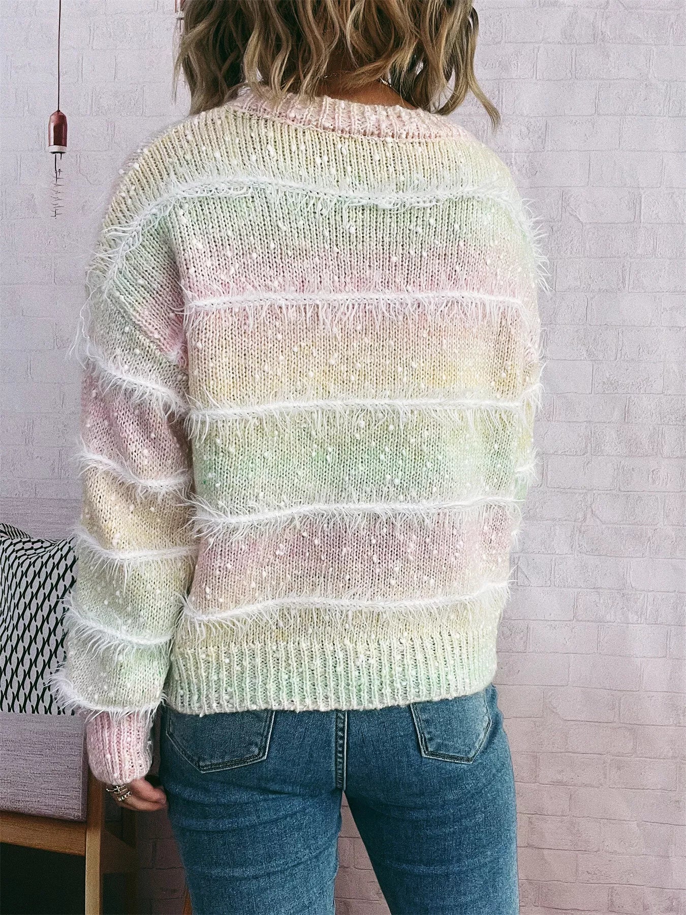 Gradient Striped Round Neck Sweater OutfitFlow