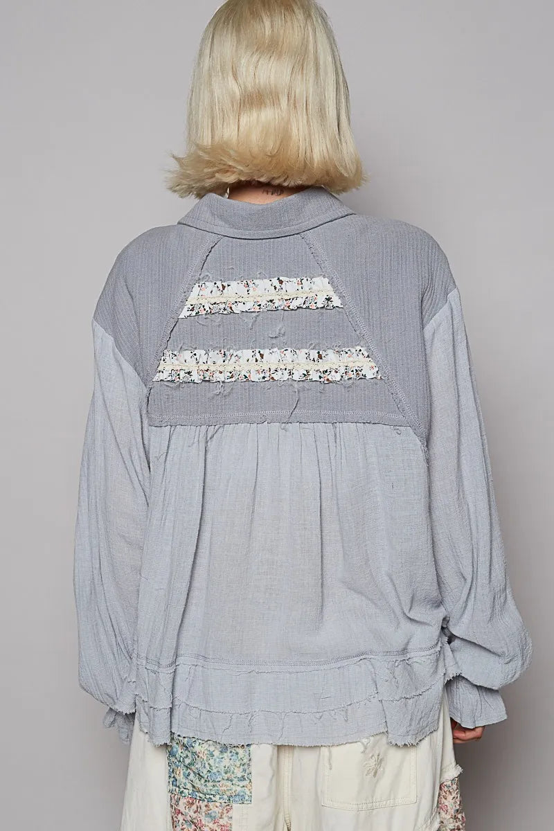 POL Button Down Floral Trim Ruffle Washed Shacket OutfitFlow