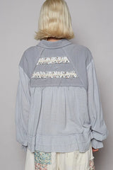 POL Button Down Floral Trim Ruffle Washed Shacket OutfitFlow