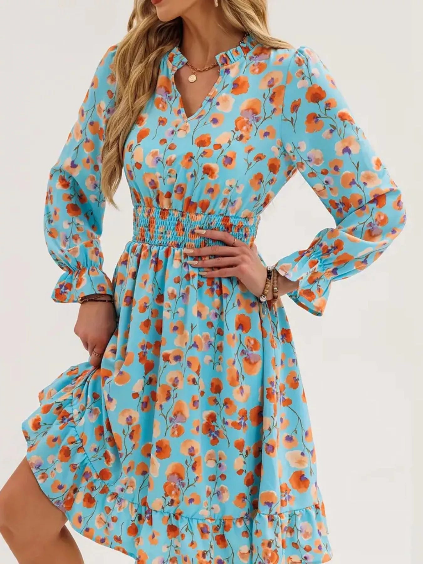 Floral Notched Flounce Sleeve Dress OutfitFlow