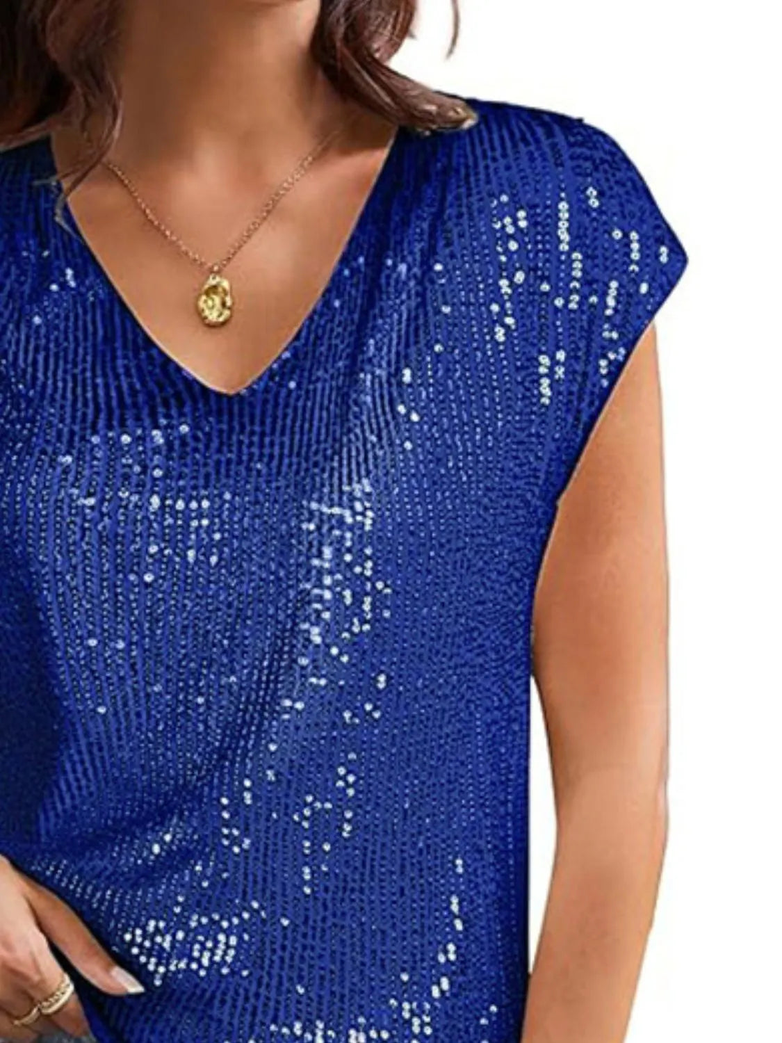 V-Neck Sequin Cap Sleeve Top OutfitFlow