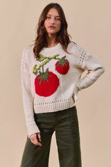 SO ME Vegetable Round Neck Long Sleeve Sweater OutfitFlow