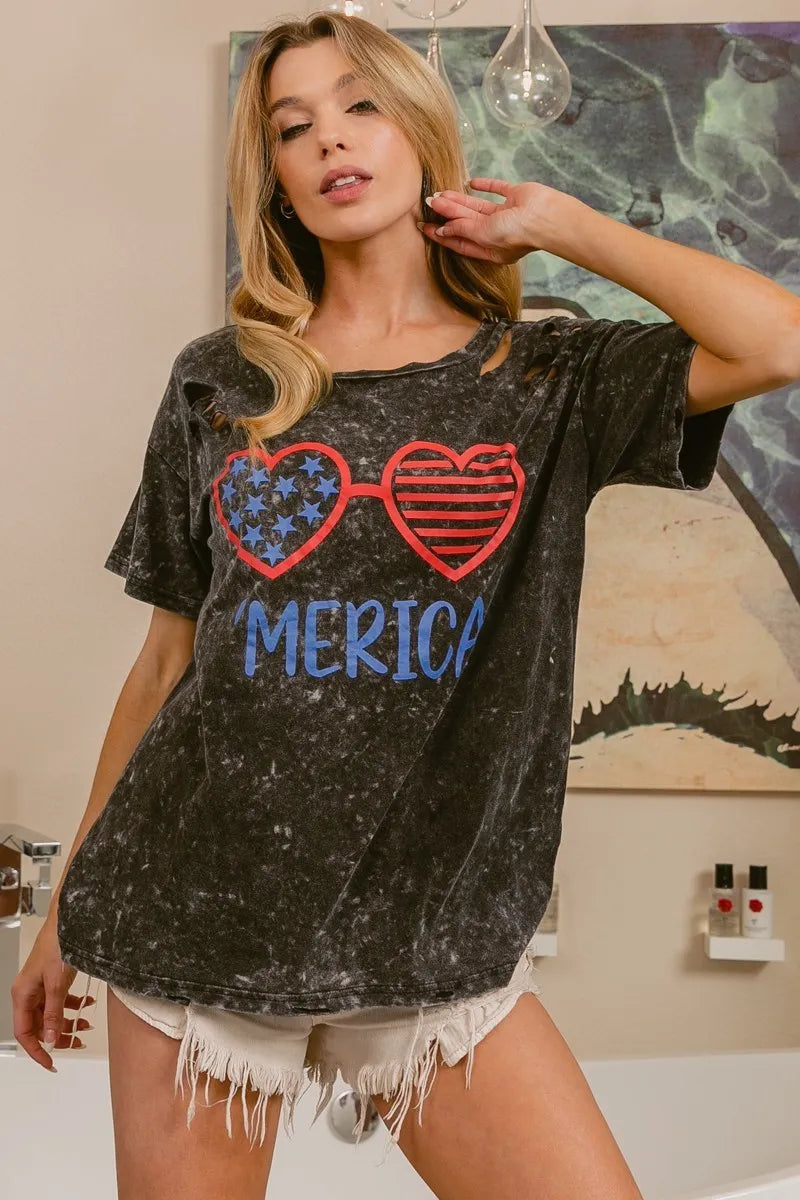 BiBi 4th Of July Theme Mineral Washed Laser Cut Top OutfitFlow