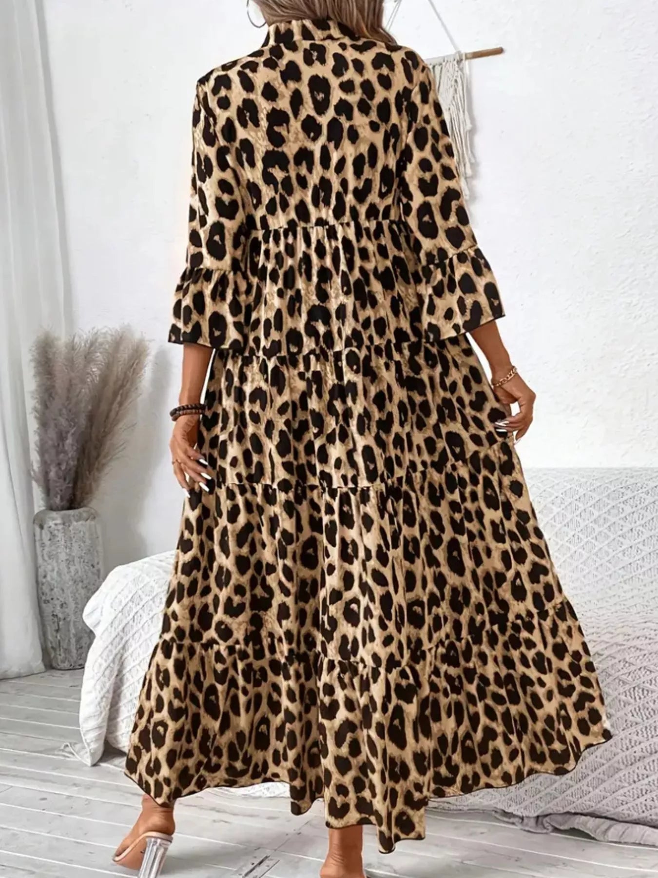 Leopard 3/4 Sleeve Midi Dress OutfitFlow