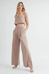 MABLE Linen Mix Crop Cami and Wide Leg Pants Set OutfitFlow