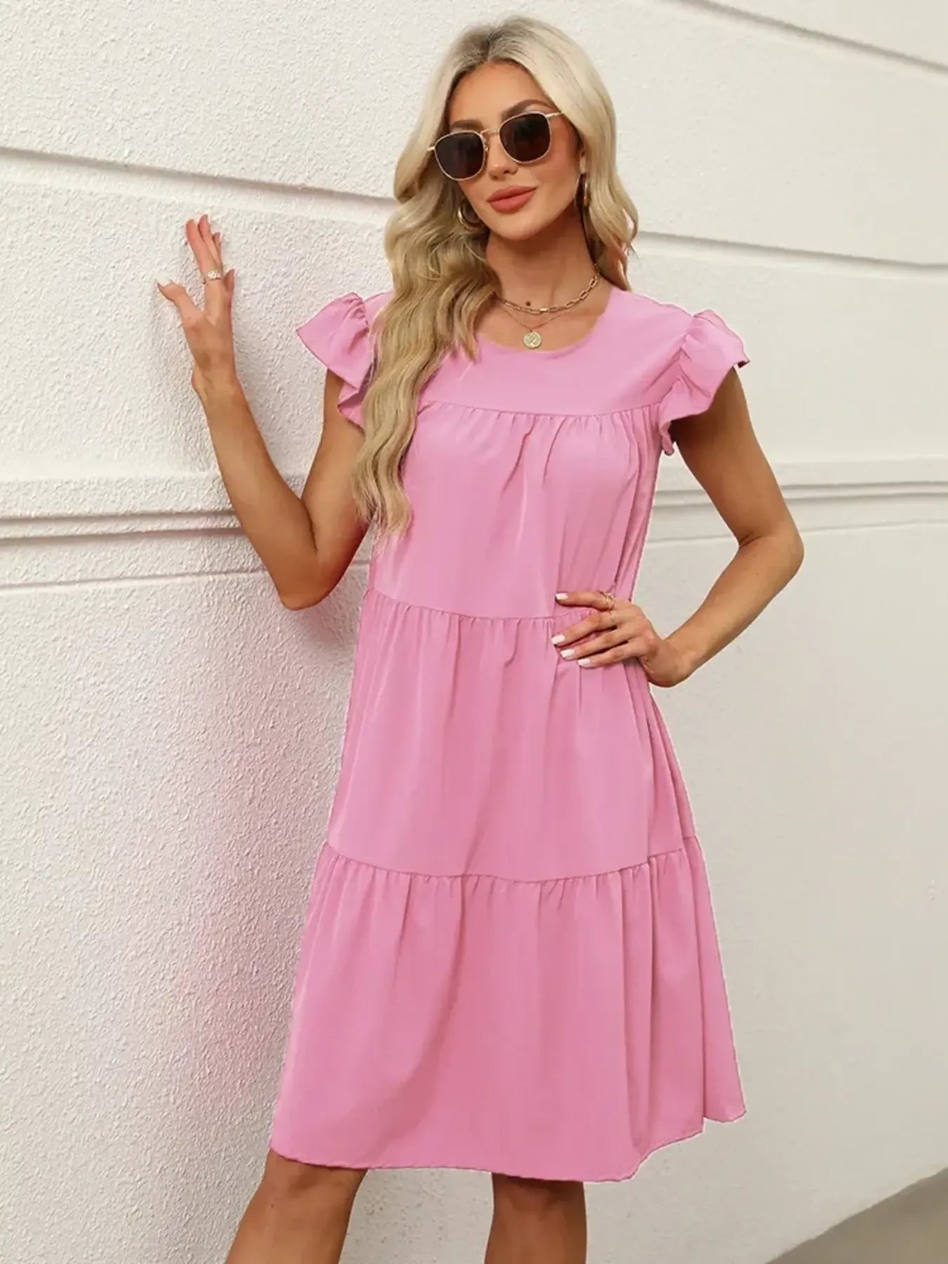 Tiered Ruffle Sleeve Mini Dress Pink OutfitFlow