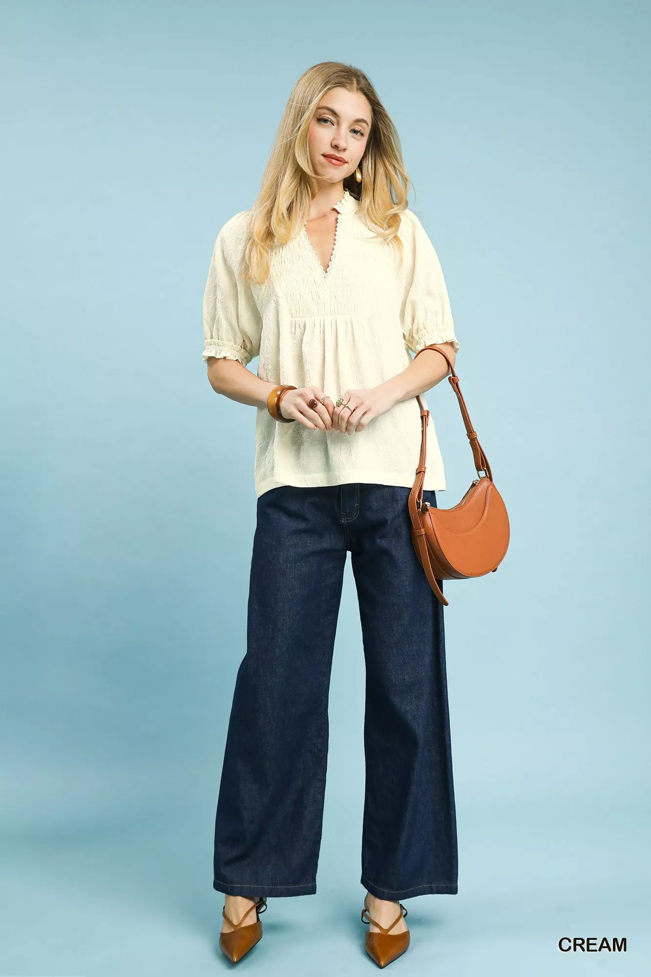 Umgee Textured Smocked Peasant Top OutfitFlow