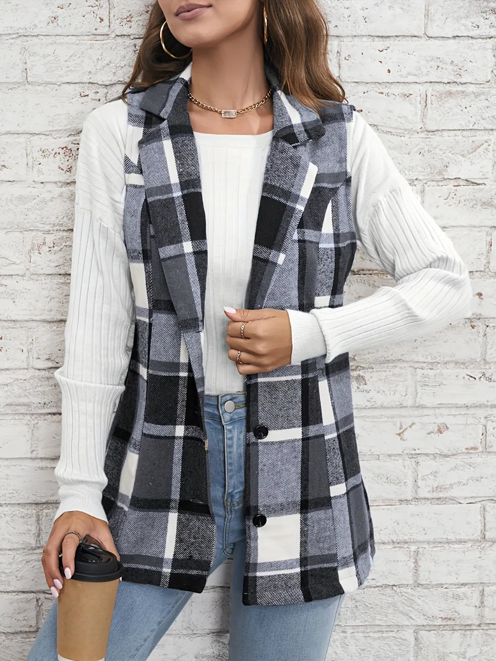 Plaid Button Down Vest Coat Trendsi