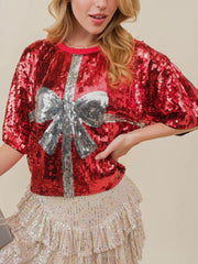 Outfit Flow - Sequin Bow Graphic Round Neck Half Sleeve T-Shirt