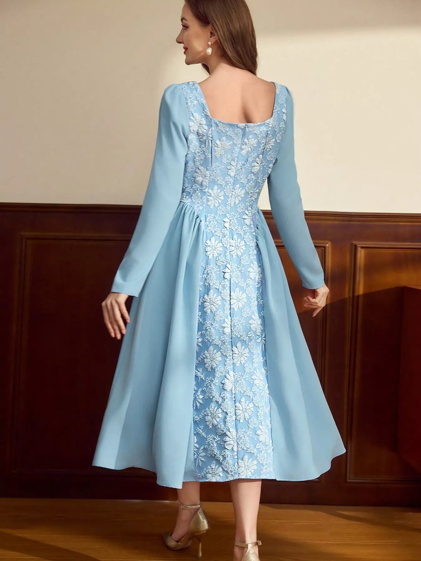 Flower Square Neck Long Sleeve Dress OutfitFlow