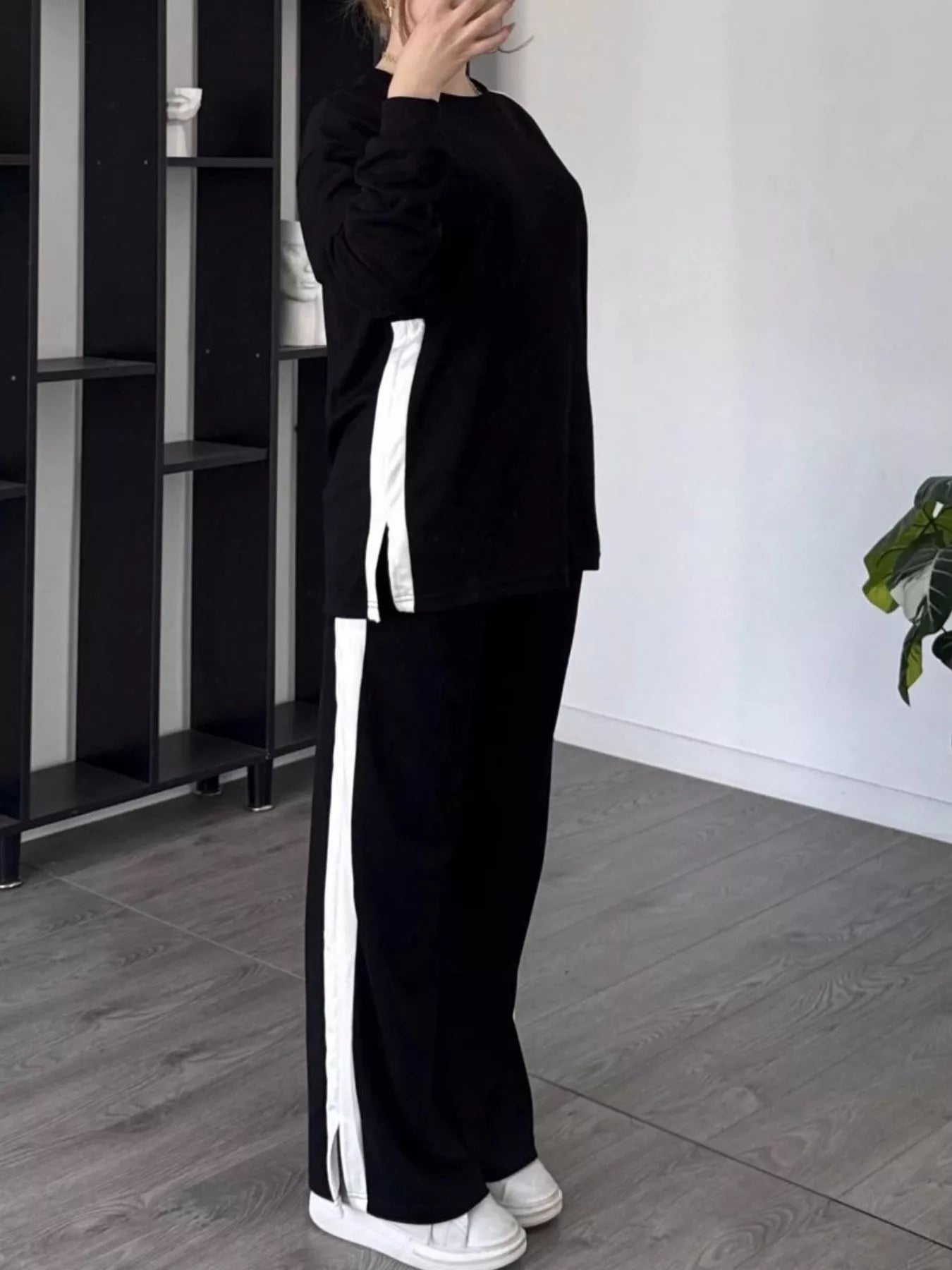 Full Size Contrast Round Neck Top and Pants Set Plus Size OutfitFlow