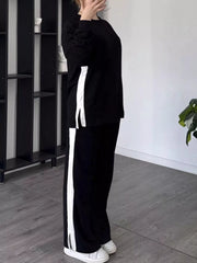 Full Size Contrast Round Neck Top and Pants Set Plus Size OutfitFlow