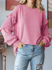 Ruffle Trim Long Sleeve Ribbed Top Pink OutfitFlow