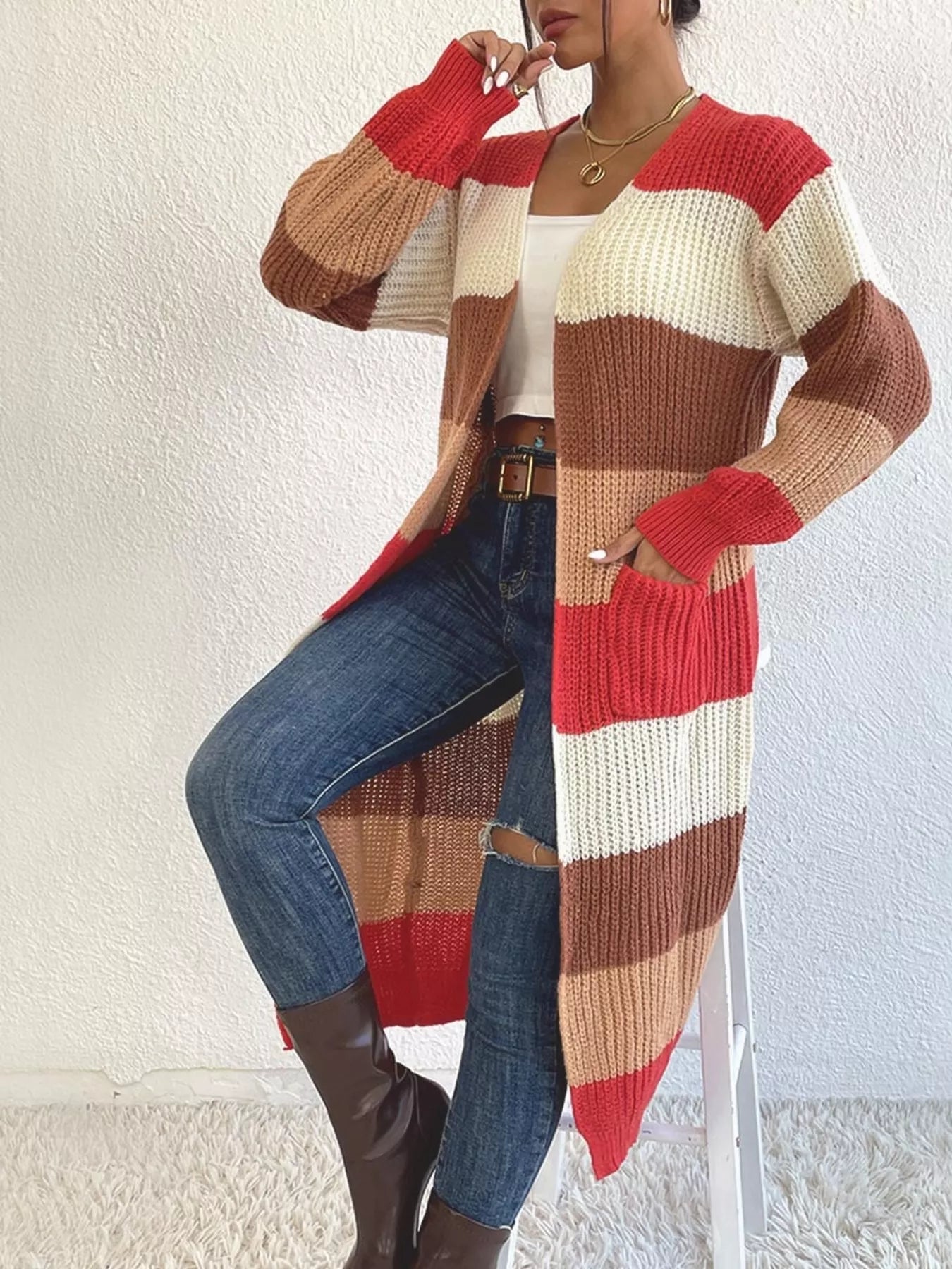 Striped Color Block Open Front Knit Cardigan Trendsi