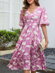 Floral Flutter Sleeve V-Neck Summer Midi Dress OutfitFlow