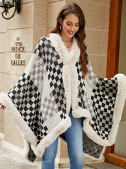 Outfit Flow - Fuzzy Checkered Long Sleeve Poncho