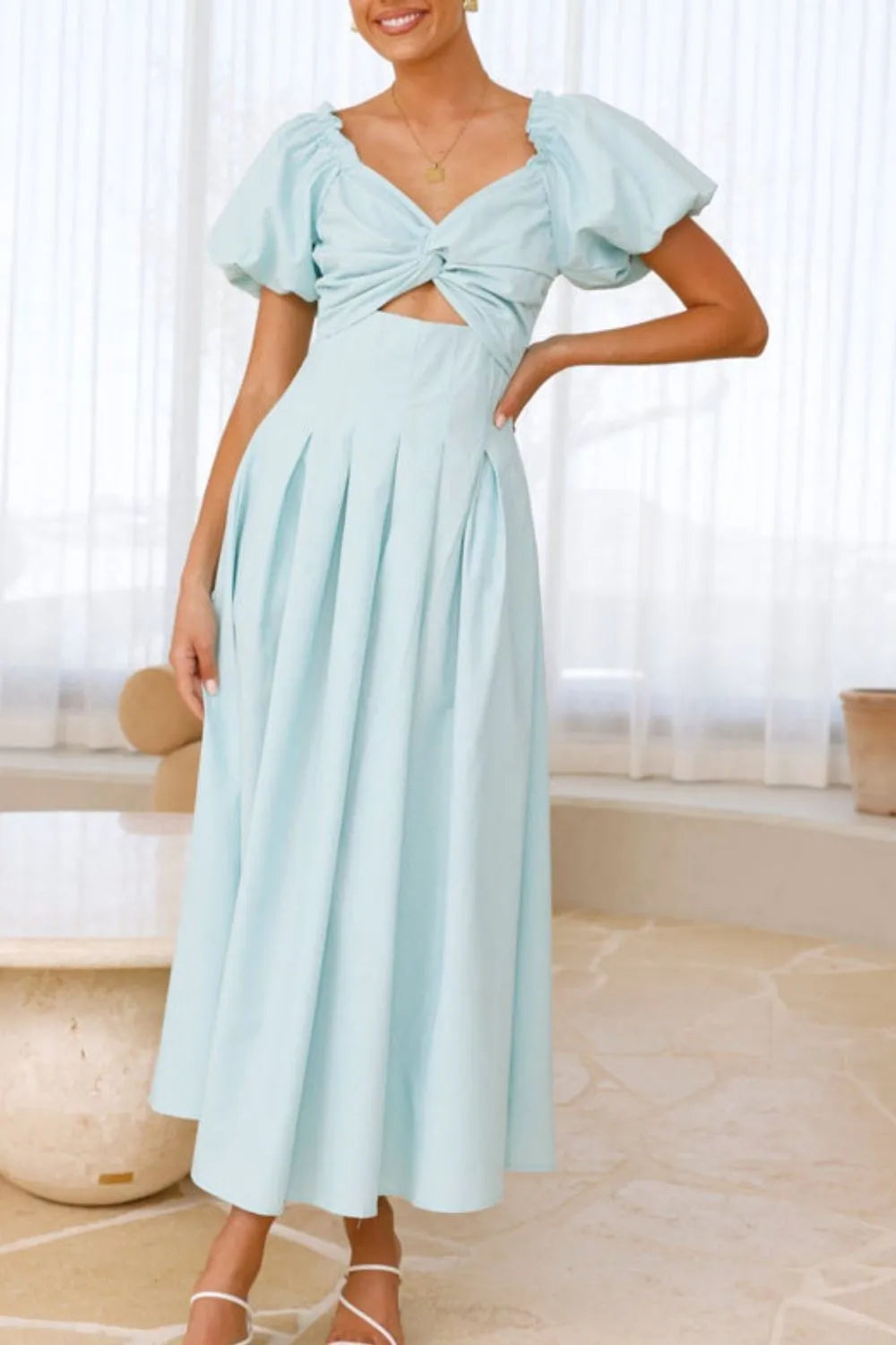 Sweetheart Neck Puff Sleeve Dress OutfitFlow