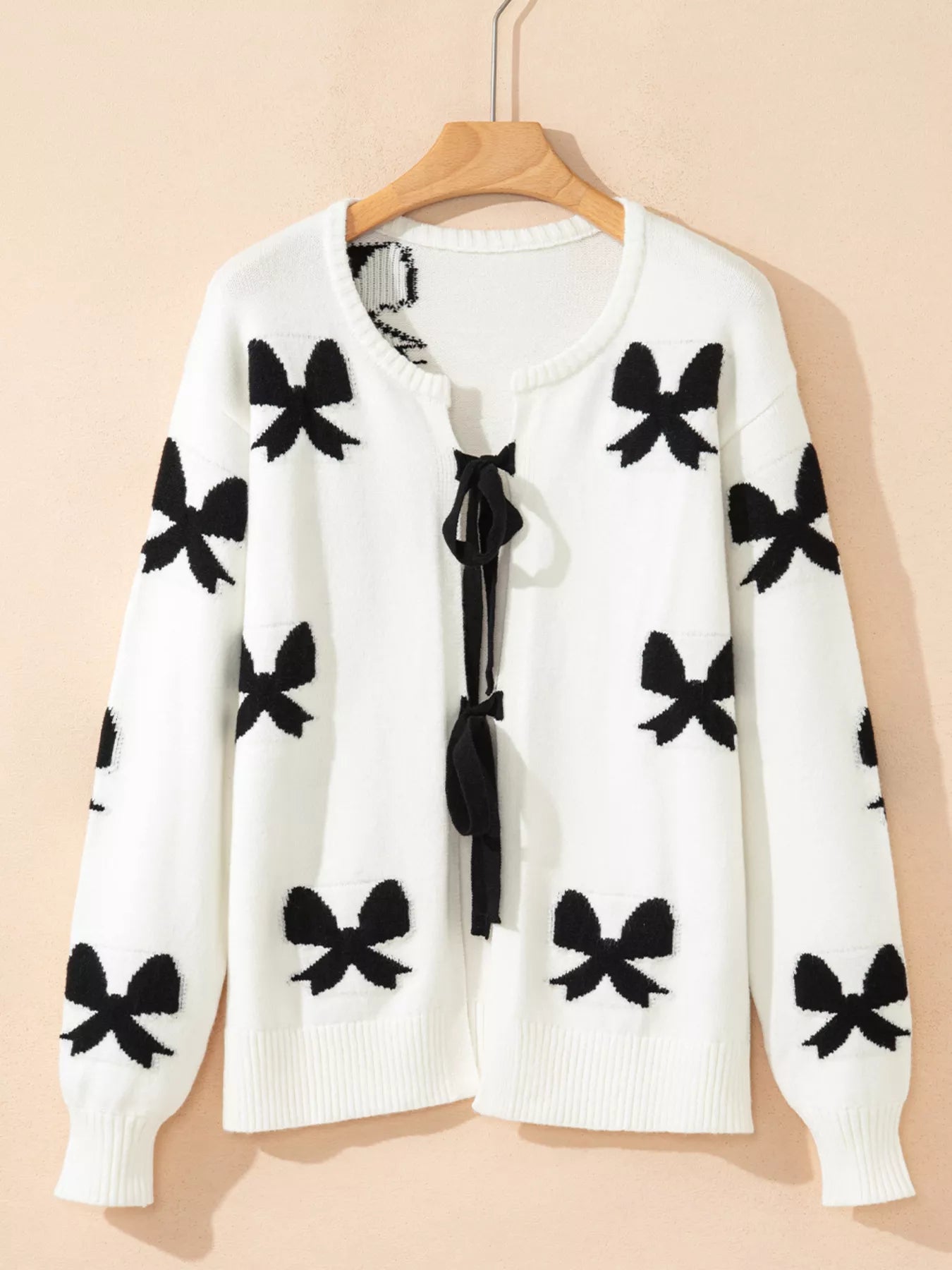 Tie Front Bow Pattern Cardigan OutfitFlow