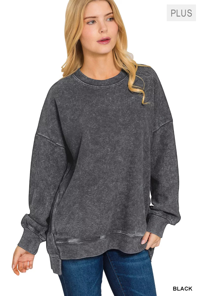 Zenana Full Size Acid Washed Double Ribbed Hi-low Sweatshirt Plus Size OutfitFlow