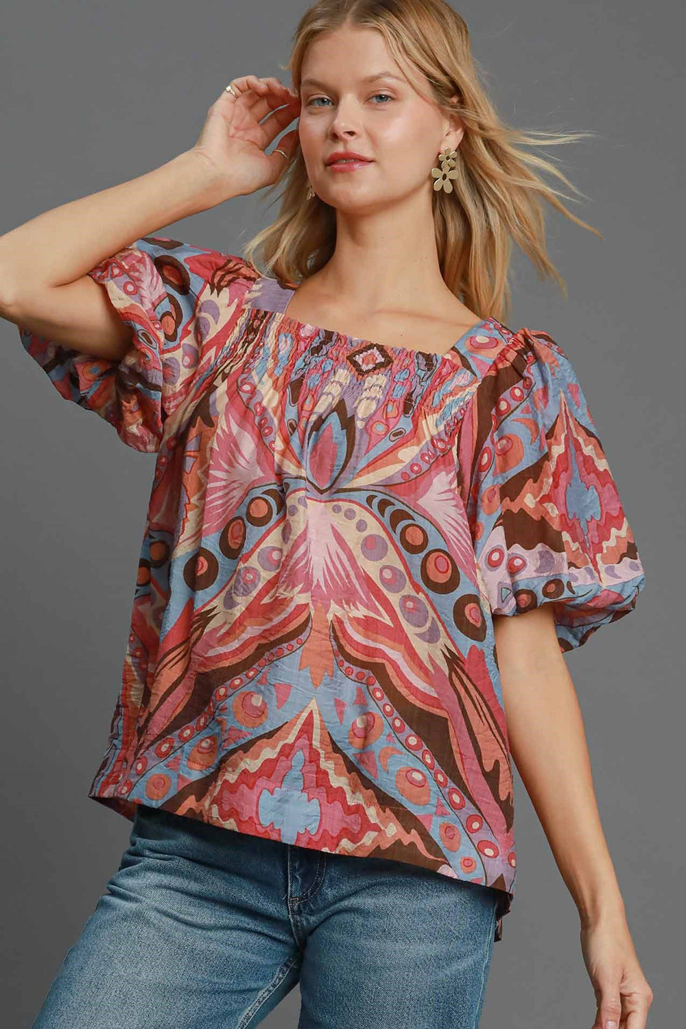 Outfit Flow - Umgee Full Size Abstract Print Smocked Square Neck Puff Sleeve Blouse