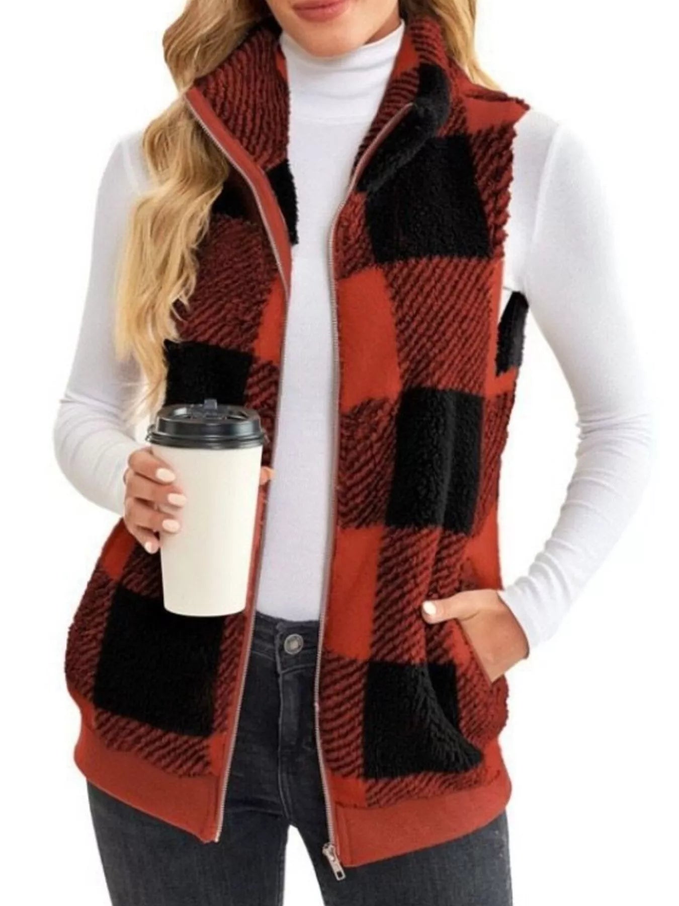 Full Size Color Block Zip Up Vest Coat Plus Size Red OutfitFlow