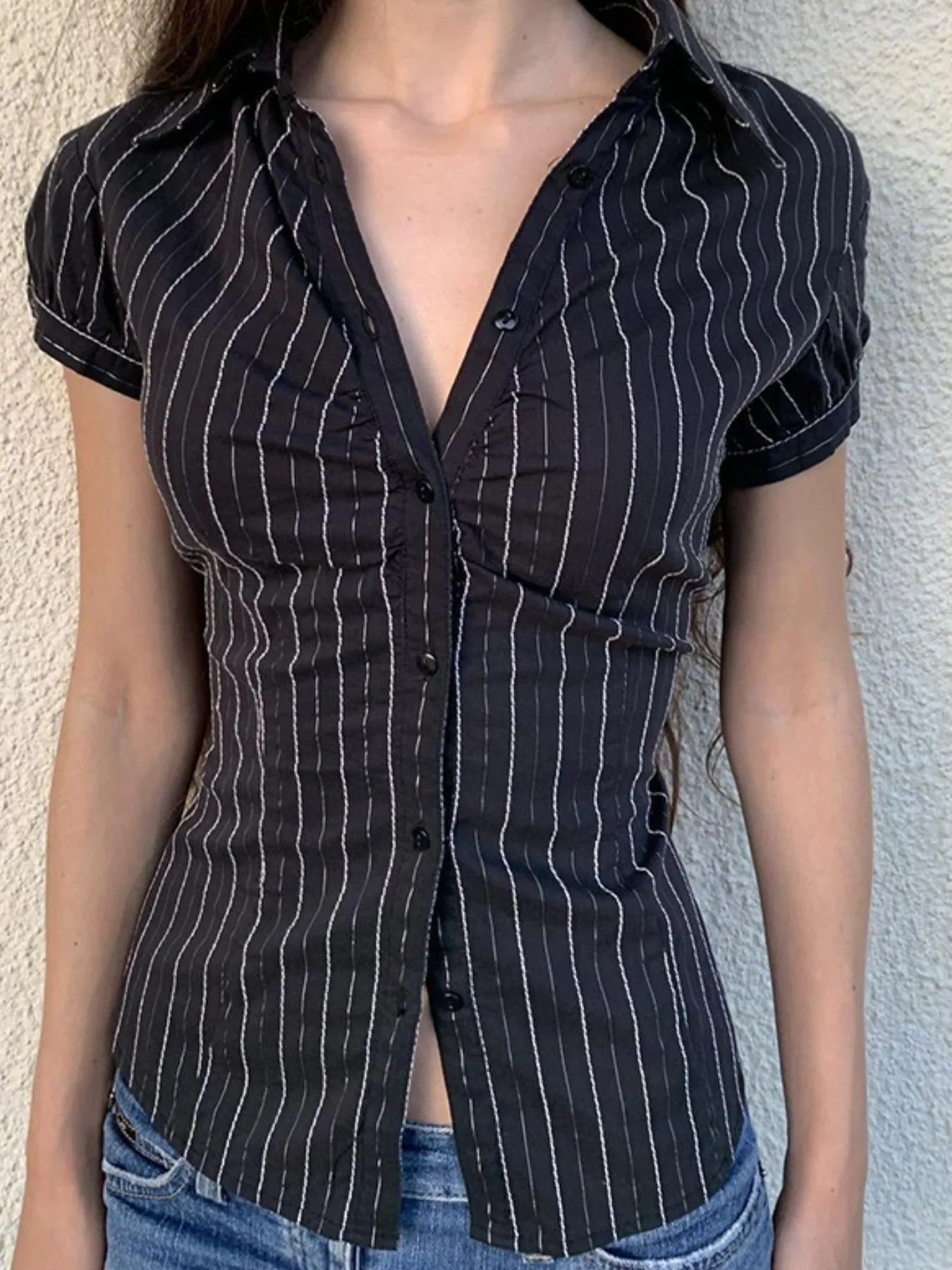 Striped Button-Down Collared Neck Shirt OutfitFlow