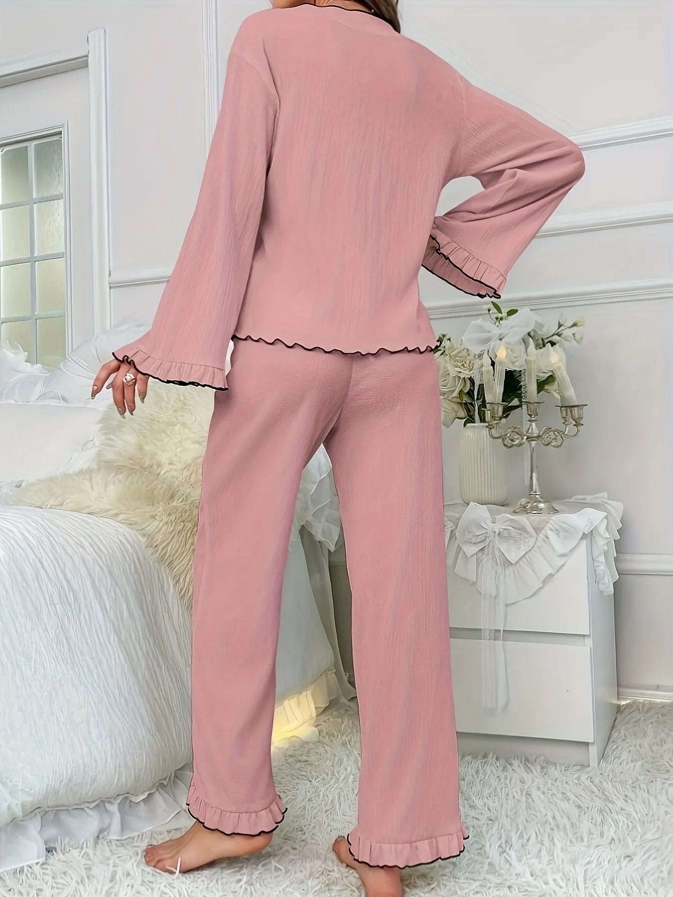 Contrast Trim Bow Tie Shirt and Pants Lounge Set OutfitFlow