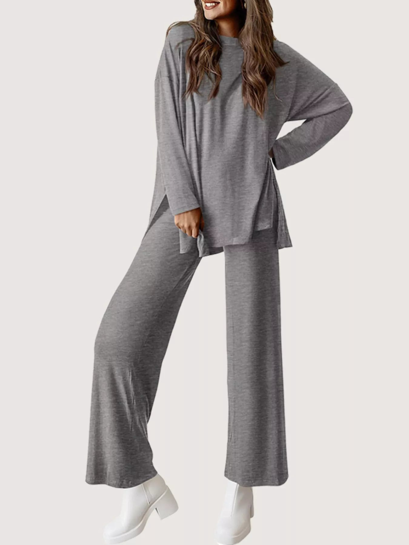 Casual Loose Long Sleeve Top and Wide Leg Pants Set Grey Trendsi