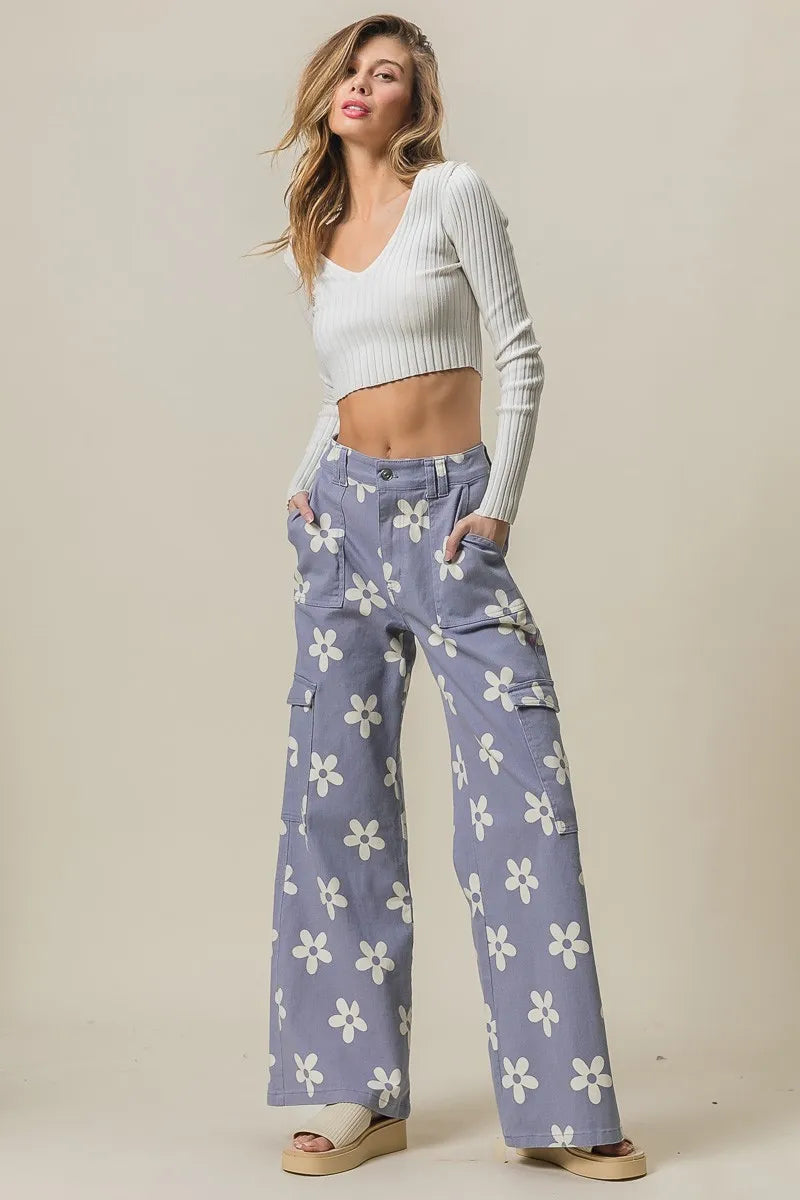BiBi Flower Printed Side Pocket Wide Pants OutfitFlow