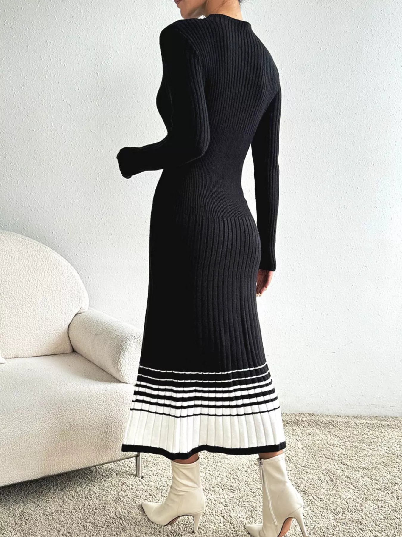 Ribbed Knit Sweater Dress with Striped Hem OutfitFlow