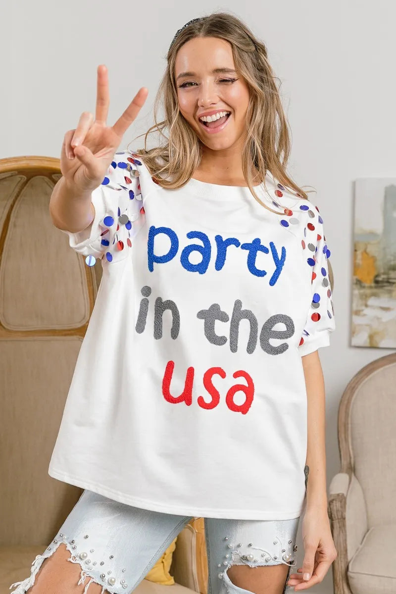 BiBi Party In The Usa Spangle Puff Sleeves Top OutfitFlow