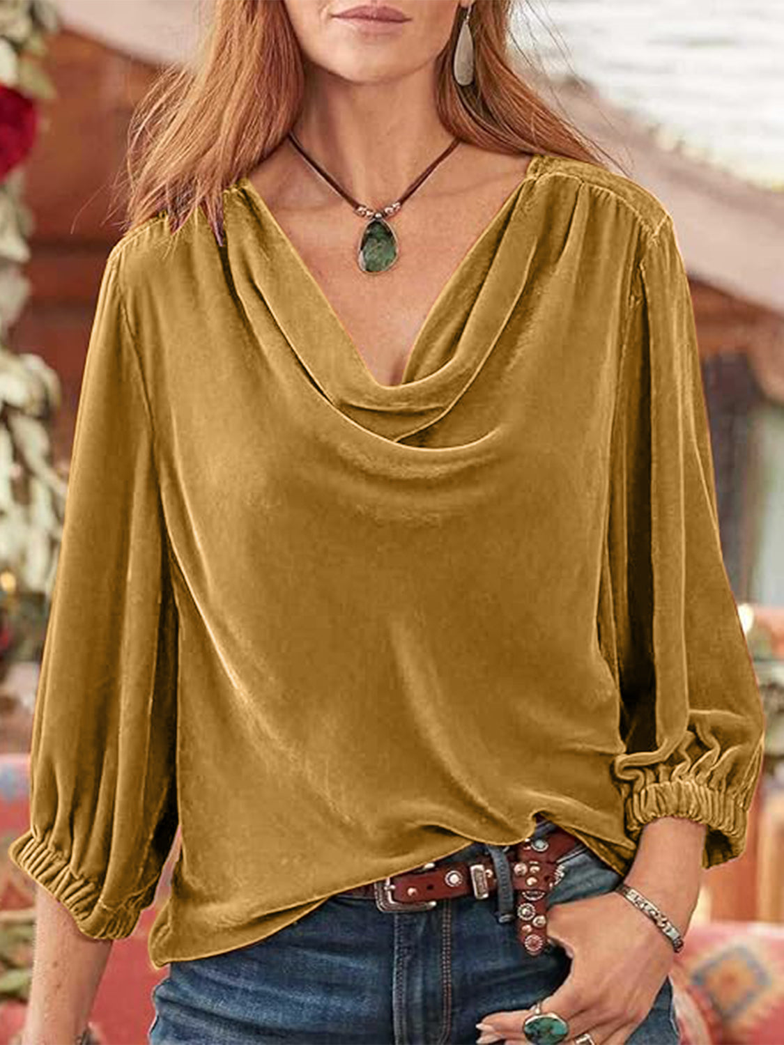 Outfit Flow - Cowl Neck Three-Quarter Sleeve Top