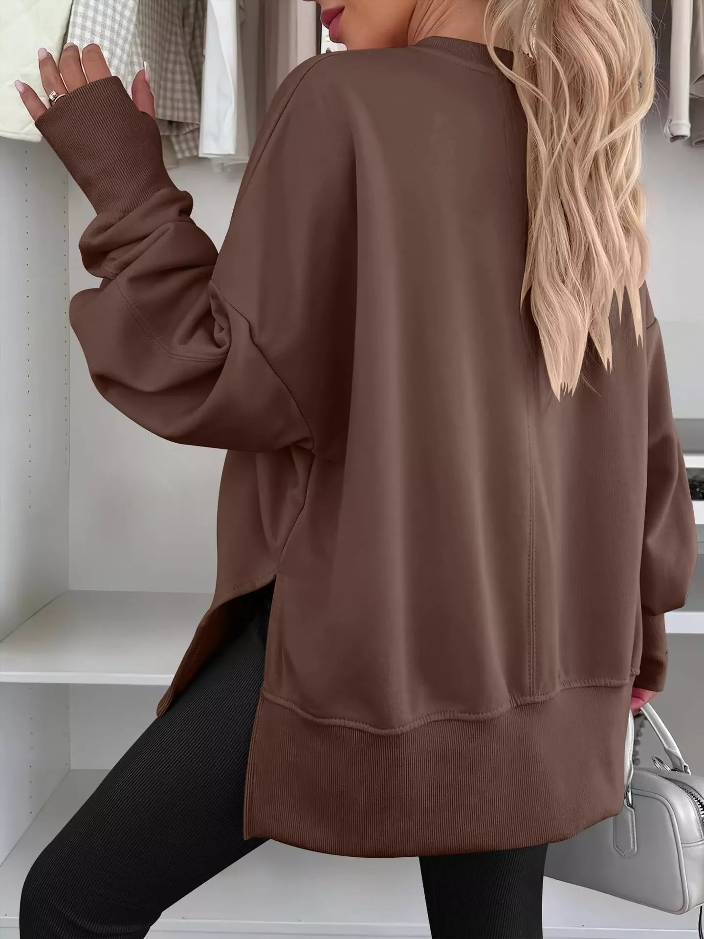 Side Slit Round Neck Long Sleeve Sweatshirt OutfitFlow
