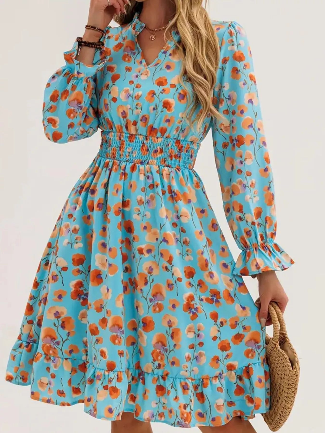 Floral Notched Flounce Sleeve Dress Pastel Blue OutfitFlow