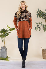 Outfit Flow - Celeste Full Size Curved Hem Leopard Turtleneck Long Sleeve Blouse