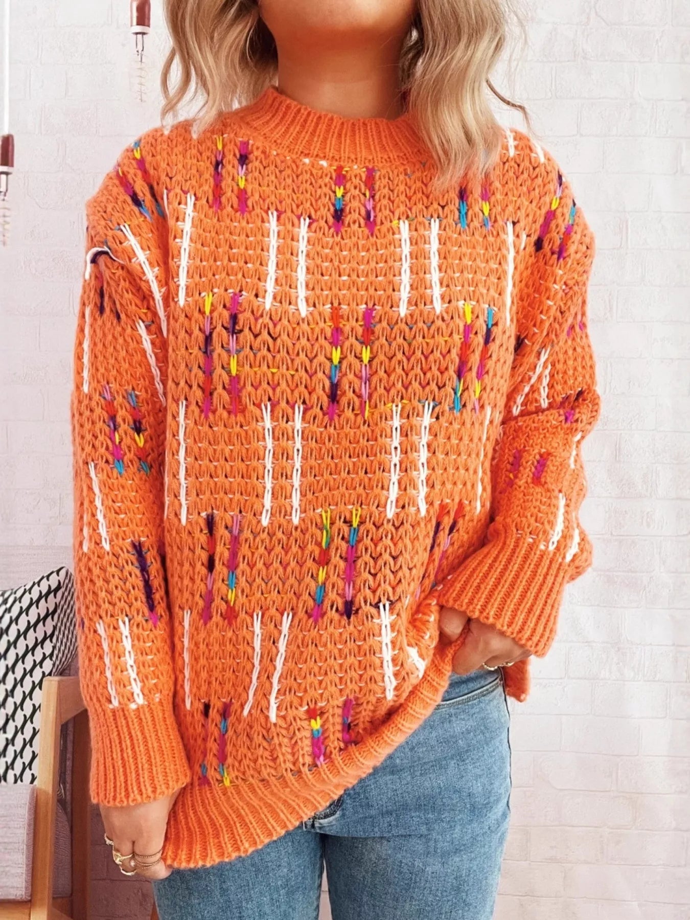 Colorful Round Neck Long Sleeve Sweater OutfitFlow