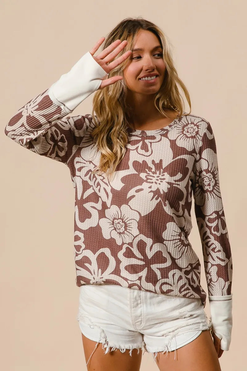BiBi Flower Printed Waffle Thumb Opening Top OutfitFlow