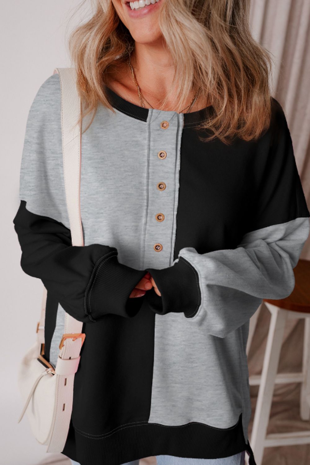 Outfit Flow - Color Block Half Button Long Sleeve Sweatshirt