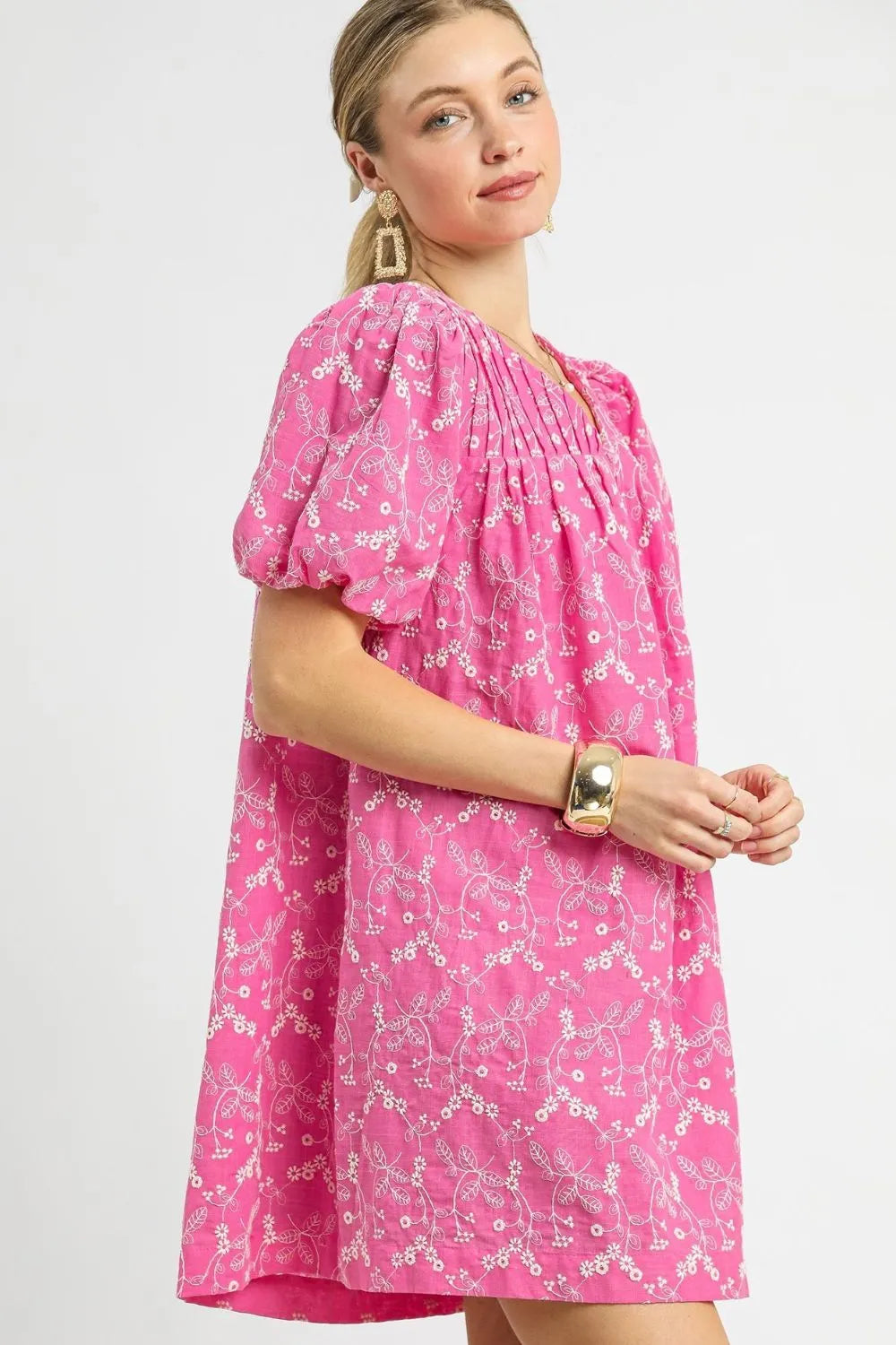 Umgee Floral Puff Sleeve V-Neck Mini Dress OutfitFlow