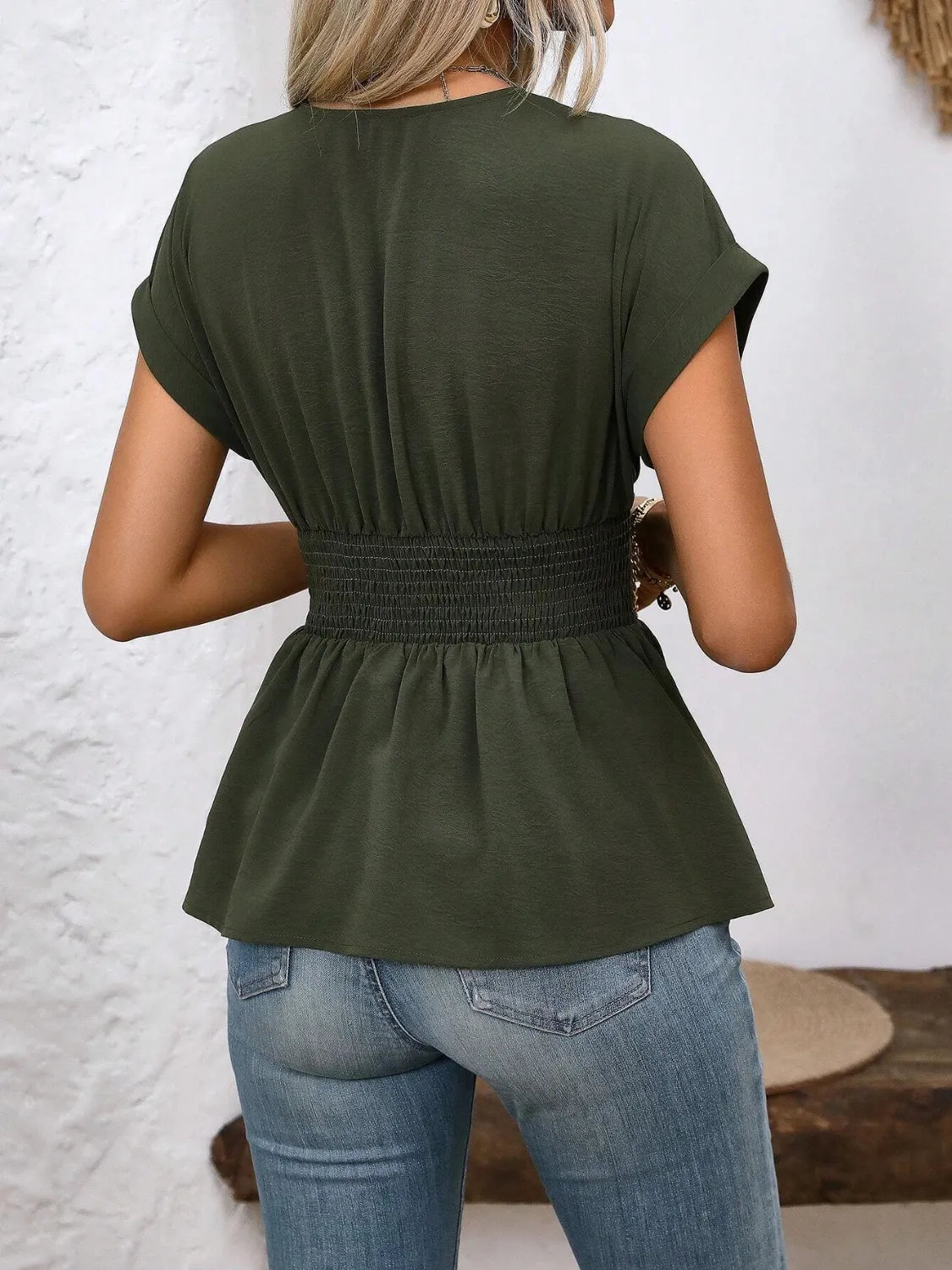 Surplice Short Sleeve Blouse OutfitFlow