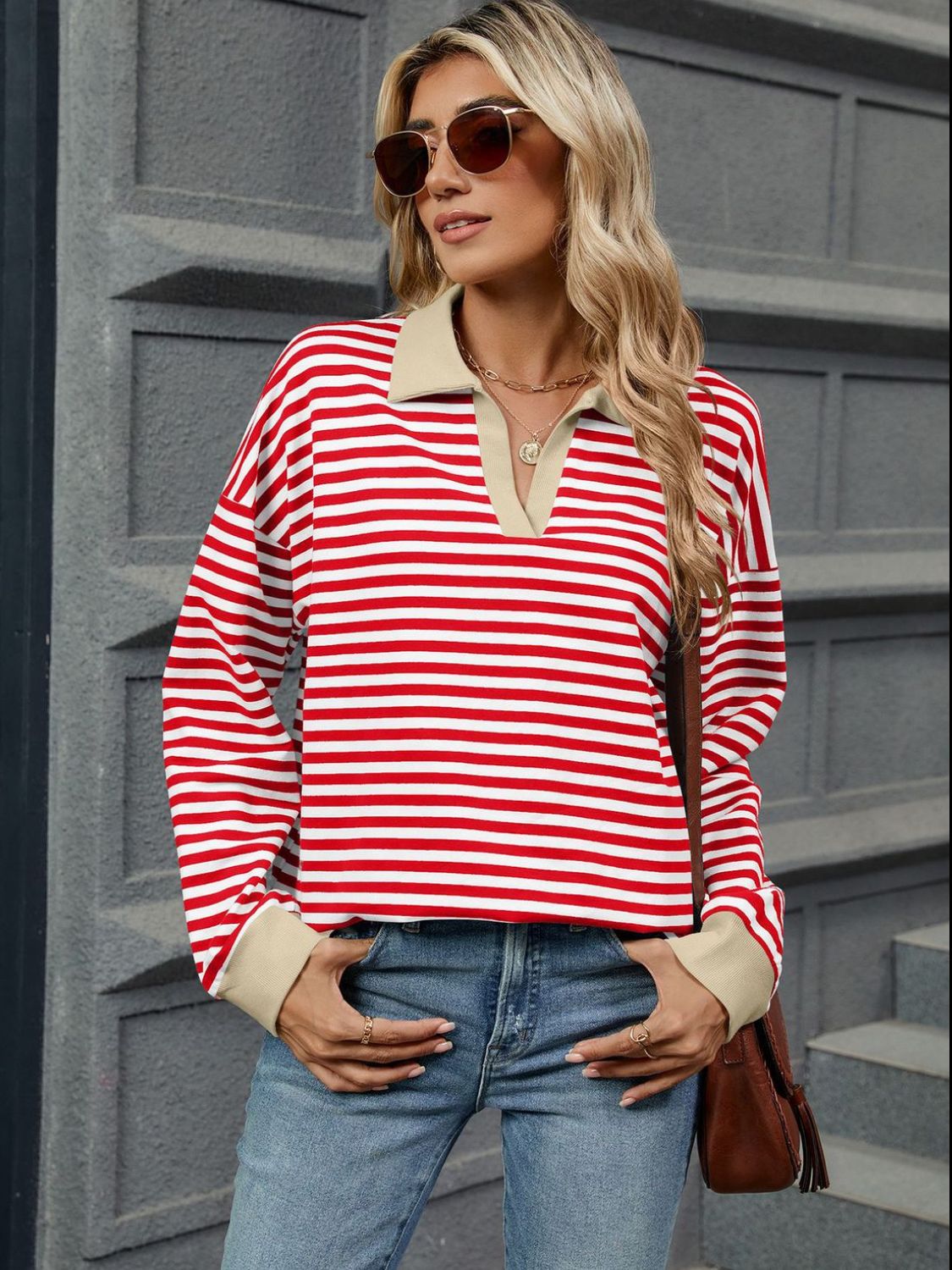 Outfit Flow - Striped Johnny Collar Long Sleeve Sweatshirt